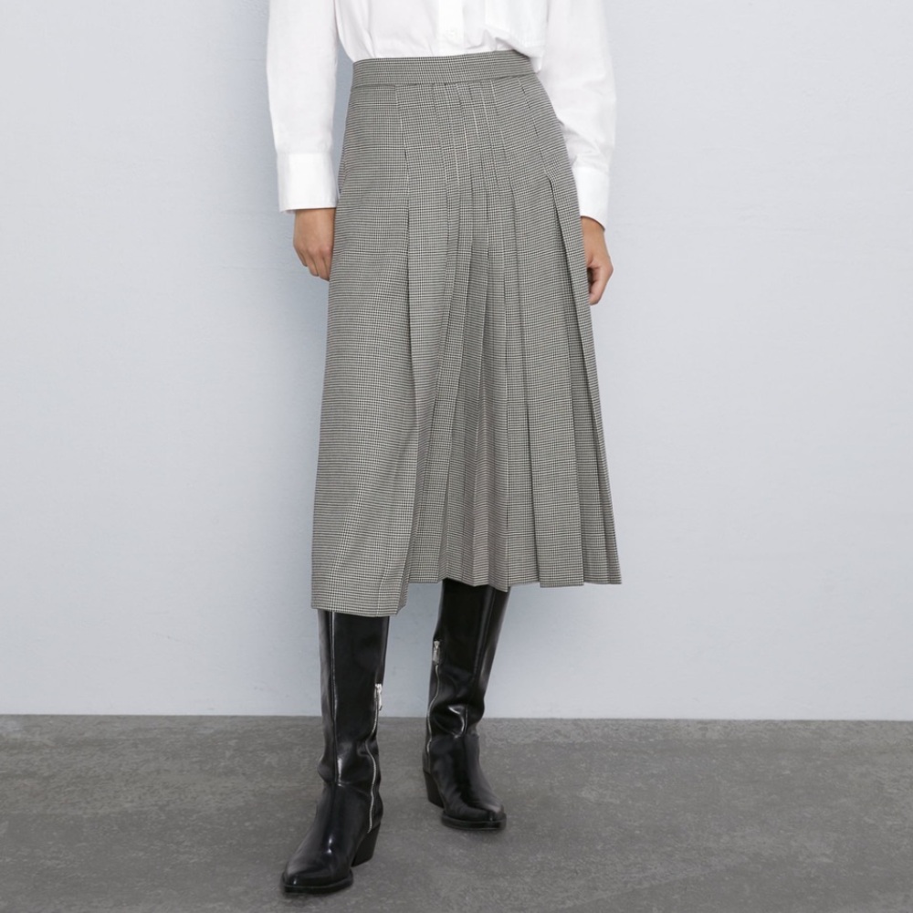Zara Classic Black and White Checkered Midi Skirt